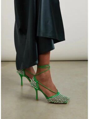 Bottega Veneta Sparkle Stretch Crystal Lace-Up Sandals, Parakeet Green, EU 38.5